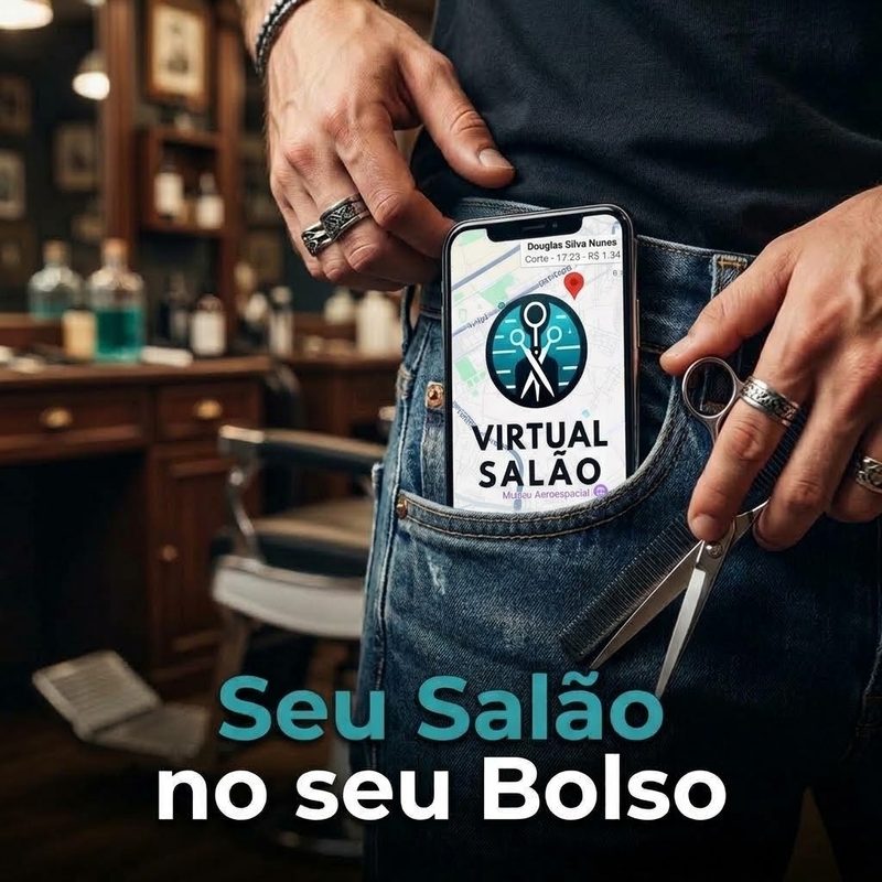 Barbeiro com o celular no bolso mostrando o app Virtual Salão: seu salão no seu bolso
